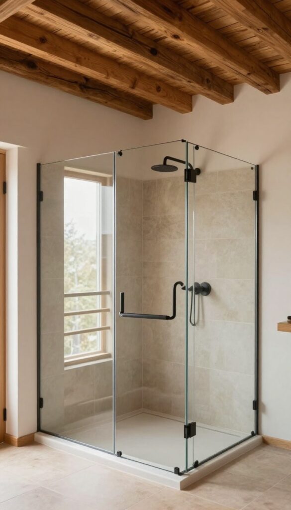 Rustic cabin shower with exposed wooden ceiling beams and bright natural light, creating a spacious and relaxing atmosphere