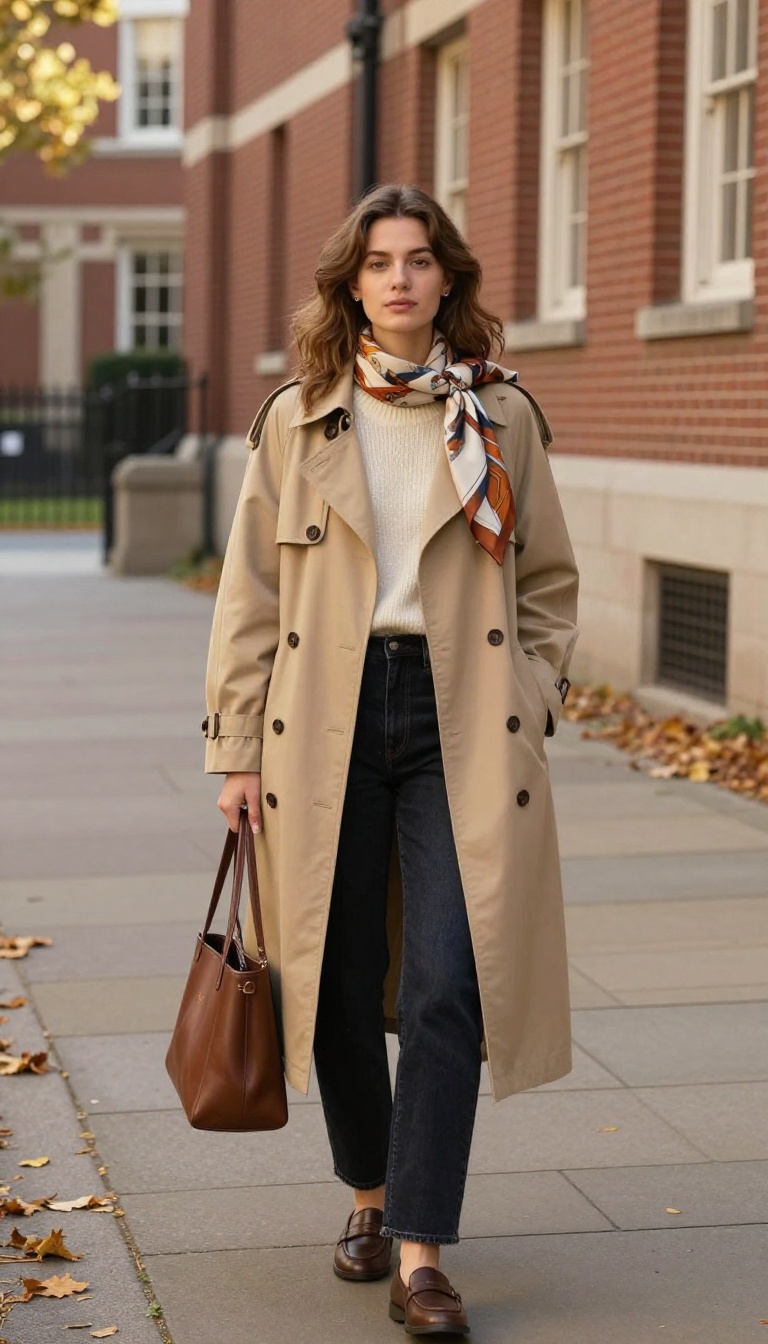 9. Trench Coat, Sweater, and Straight Jeans