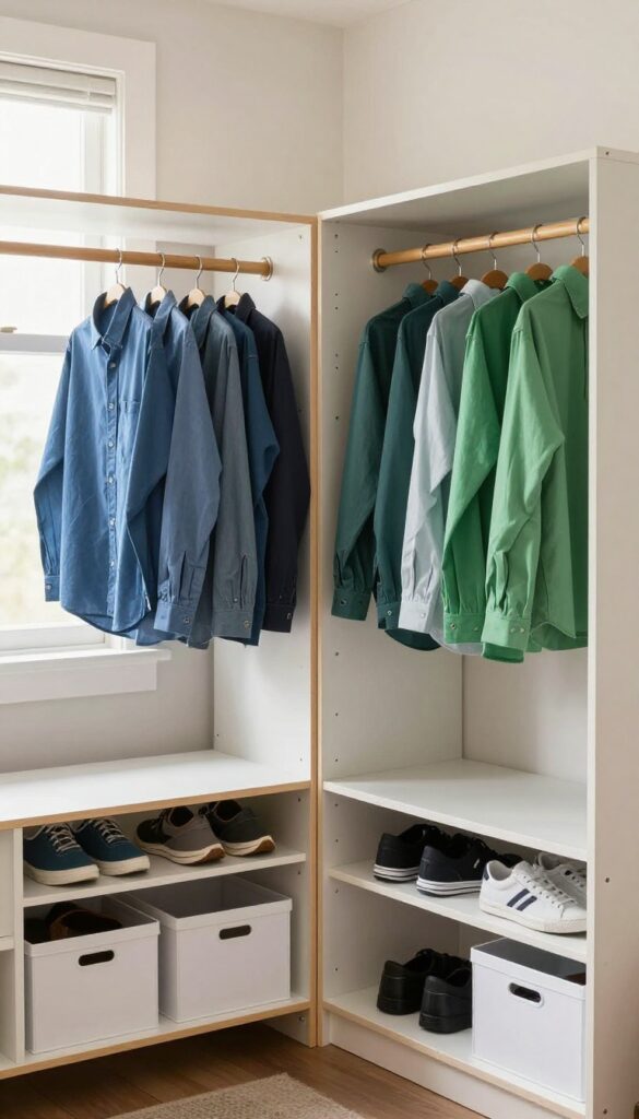 Bright shared boys' bedroom closet divided into two organized sections with separate hanging rods, matching storage bins, shoe racks, and backpack hooks