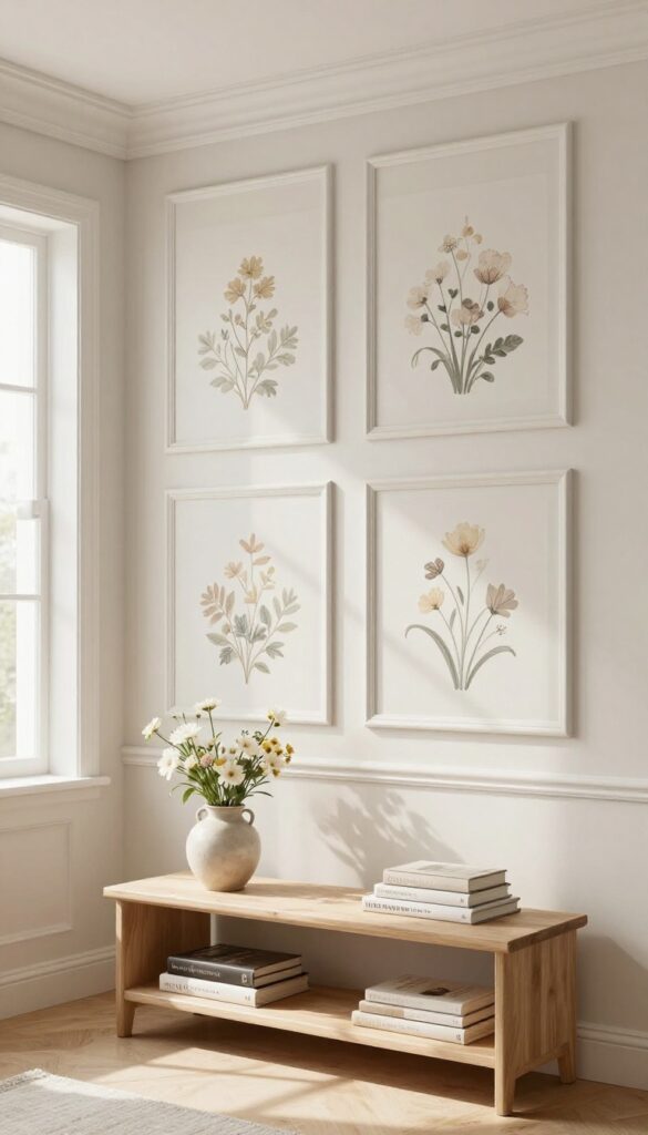 Bright neutral wall with rectangular molding frames containing soft floral wallpaper inserts, styled with a wood console and fresh flowers in natural light.