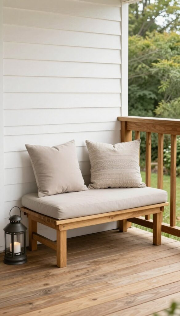 Cozy small deck seating corner with a compact outdoor bench against the house wall, fitted cushion, two throw pillows, and a side table with lantern in bright natural light