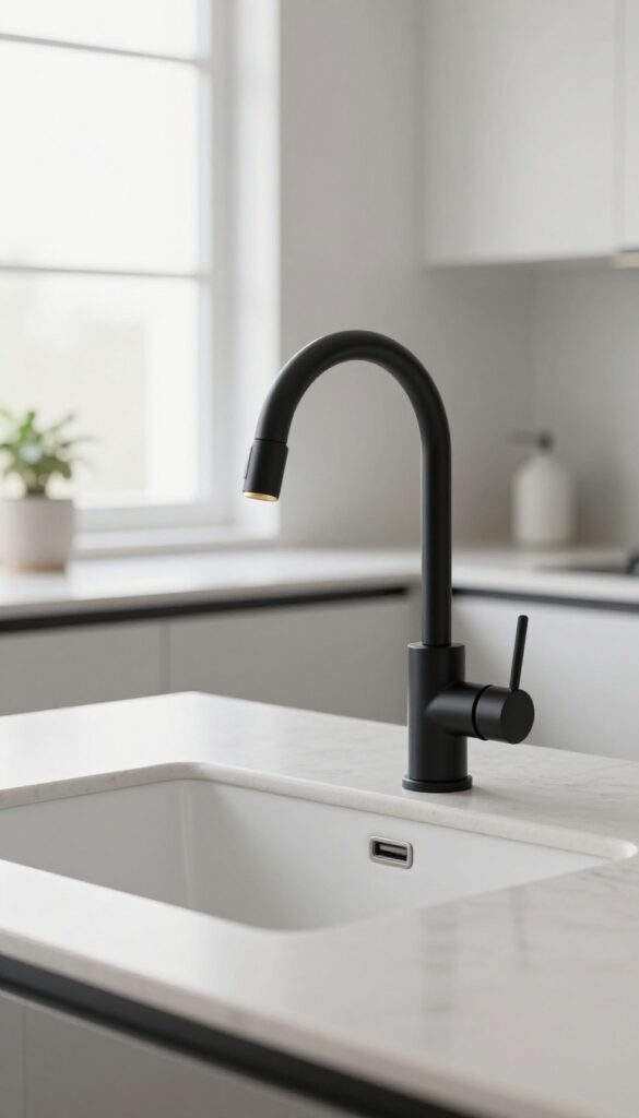 Modern kitchen sink with a two-tone matte black and brushed gold faucet in bright natural light