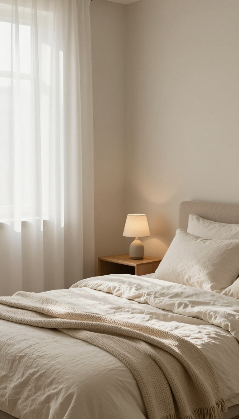 Cozy neutral bedroom with warm beige walls, cream bedding, and soft natural light