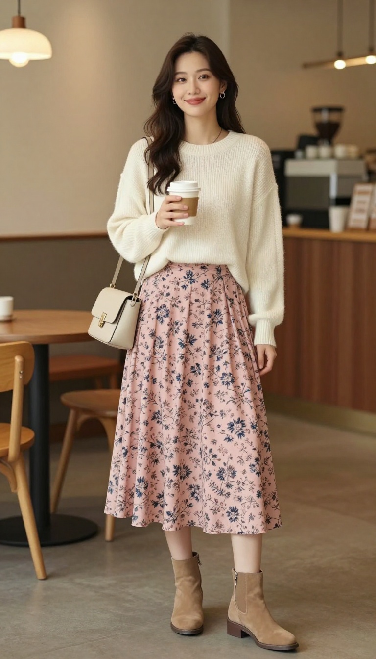 9. Printed Long Skirt with a Solid Knit Top