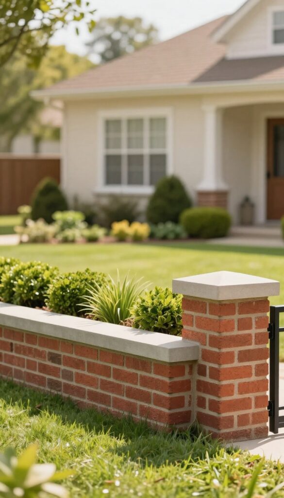 Low brick border fence with a concrete cap framing a landscaped front yard with shrubs and ornamental grasses