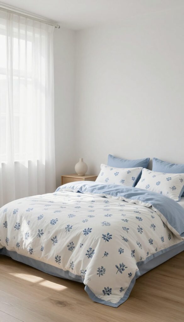 Bright bedroom with blue floral bedding on a white base, layered blue cushions, light decor, and sheer curtains letting in soft natural light.