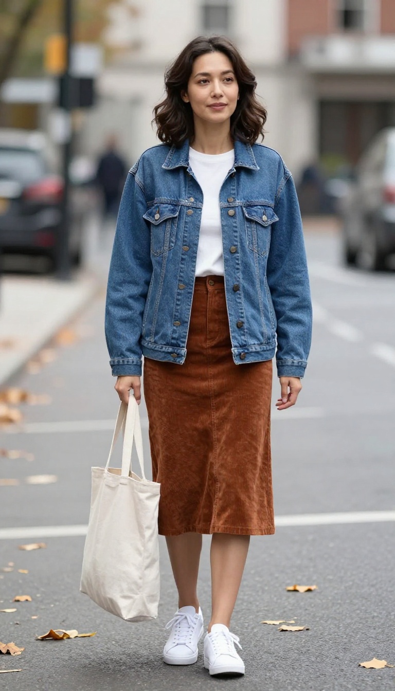2. Denim Jacket with a Corduroy Flared Skirt