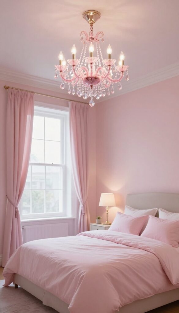 Bright pink princess bedroom with a blush and crystal chandelier glowing warmly above a neatly made bed with pale pink bedding and simple bedside lamps