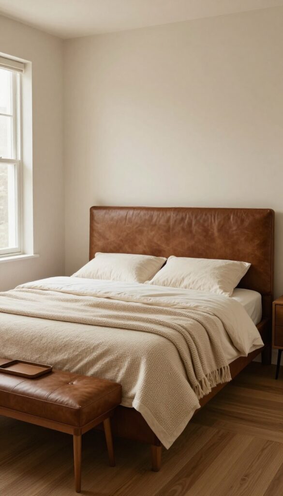 Cozy brown bedroom with a simple matte brown leather headboard, light bedding, a woven throw, and a small leather bench, lit by bright natural window light