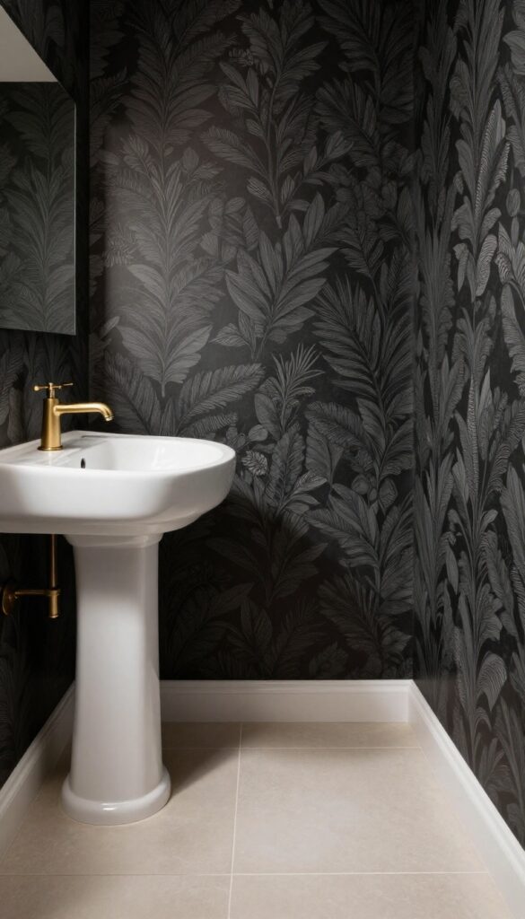 Small bathroom with dark botanical wallpaper and a light neutral tile floor, white pedestal sink, brass fixtures, and bright natural light