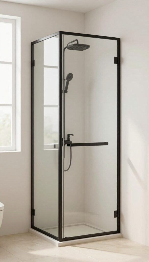 Small bright bathroom corner shower with thin black metal frame and clear glass panels against light neutral tiles and white walls
