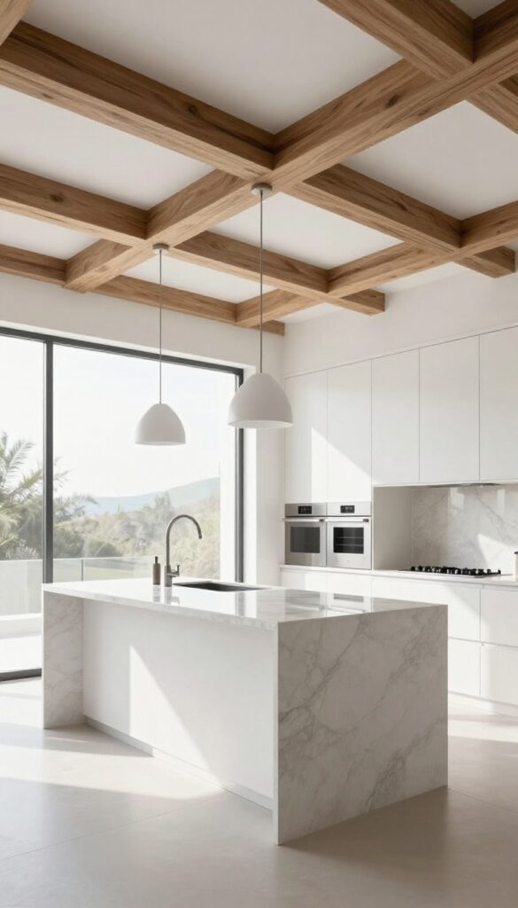 Bright luxury kitchen with a white coffered ceiling and oversized pendant lights above a marble island