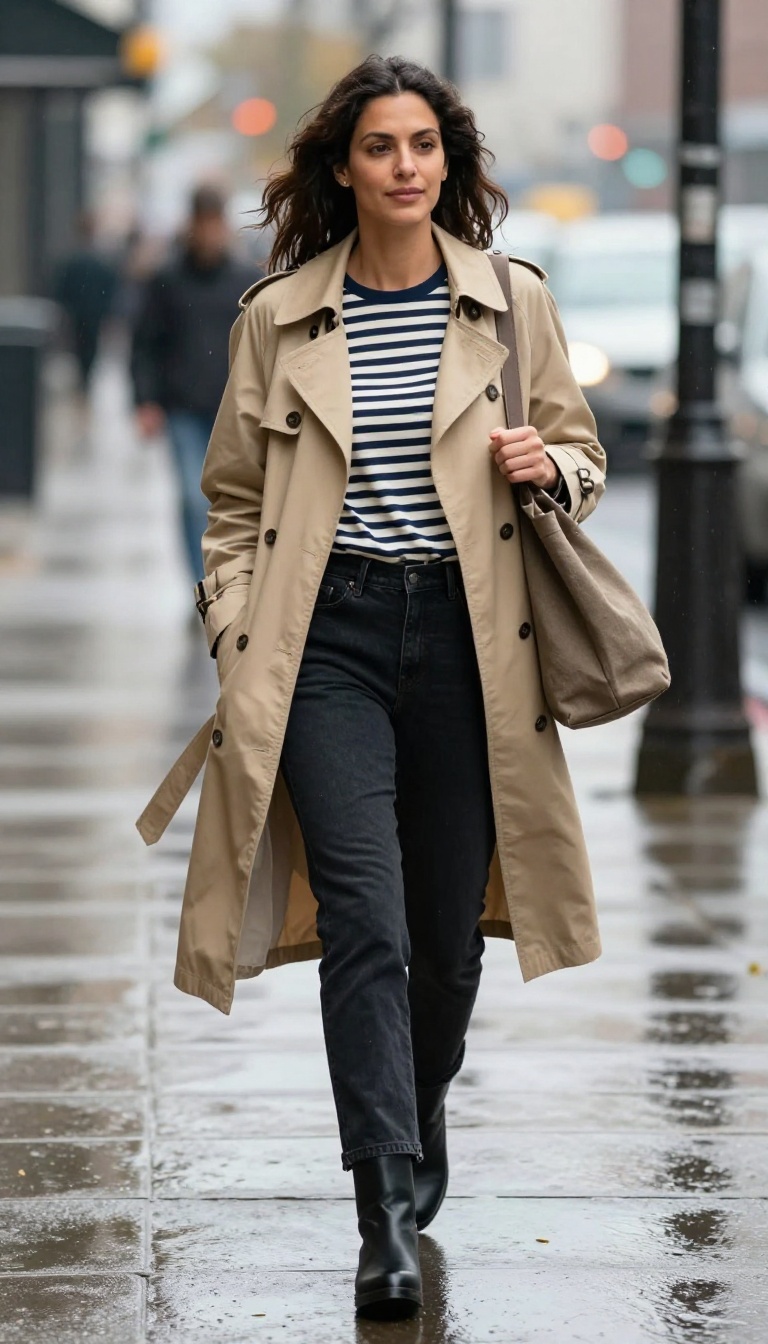 7. Black Jeans and a Trench Coat for Rainy Fall Days