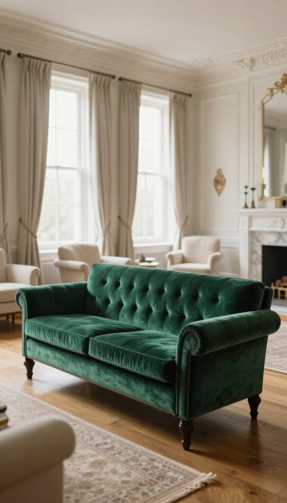 Victorian living room with a tufted emerald velvet sofa with curved rolled arms and turned wood legs, paired with lighter linen side chairs in bright natural light