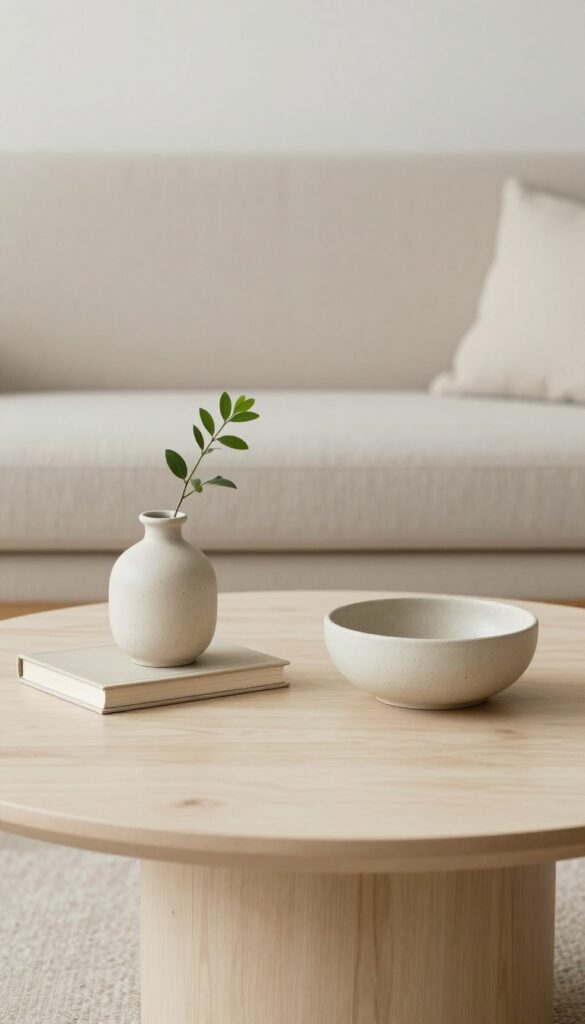 Minimalist living room coffee table styled with a small vase, two books, and a bowl, leaving a large open empty area to create breathing room in bright natural light