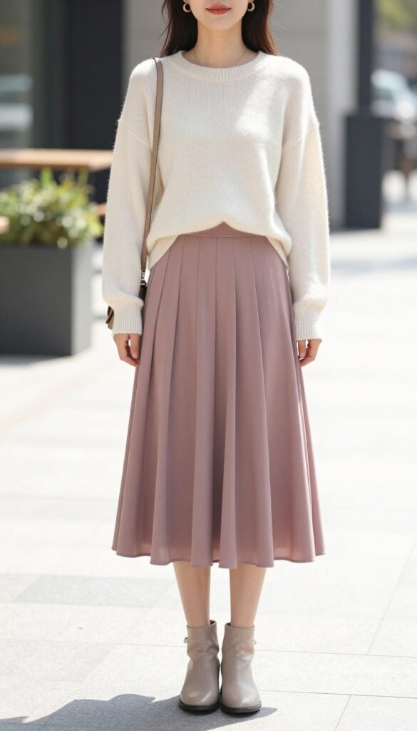 Woman in a cream knit sweater with a tucked front and a flowy dusty rose midi skirt, wearing ankle boots and a crossbody bag on a bright sunlit sidewalk.