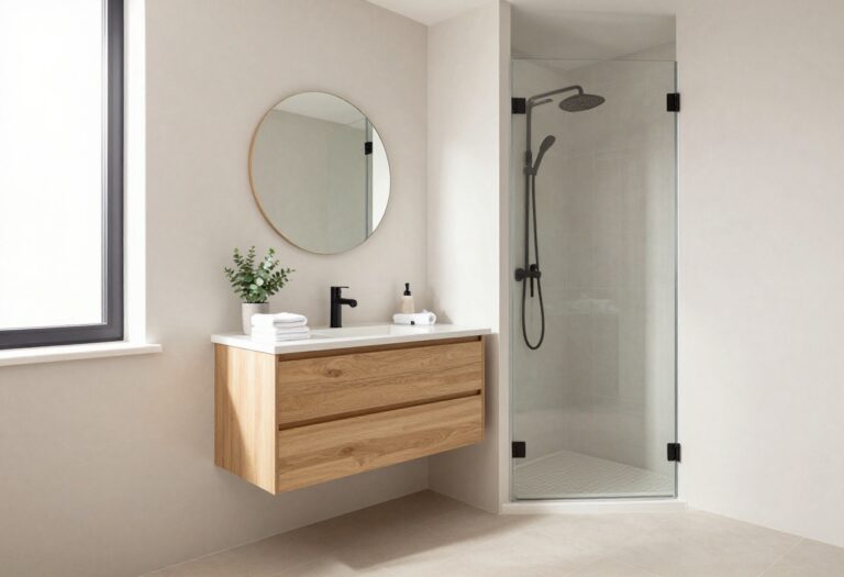 Bright tiny house bathroom with a floating light wood vanity, round mirror, glass shower, and natural light creating an open, spacious feel