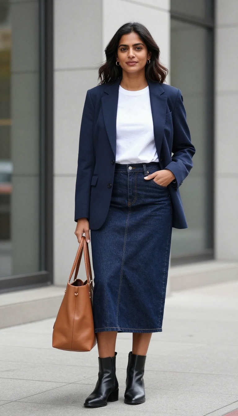3. Denim Skirt with a Blazer