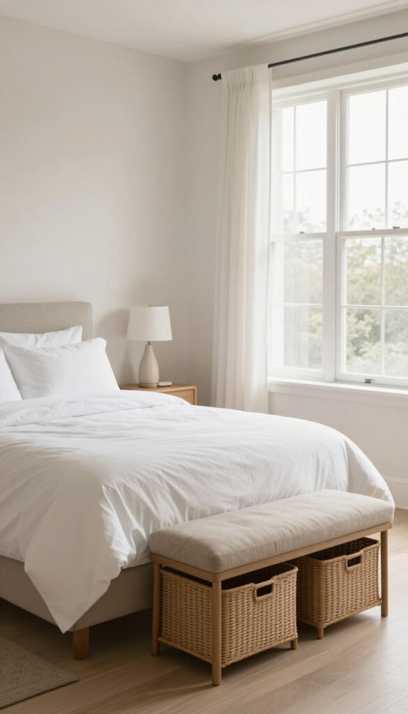 Bright bedroom with an upholstered bench placed at the foot of the bed, storage baskets underneath, and soft natural light.