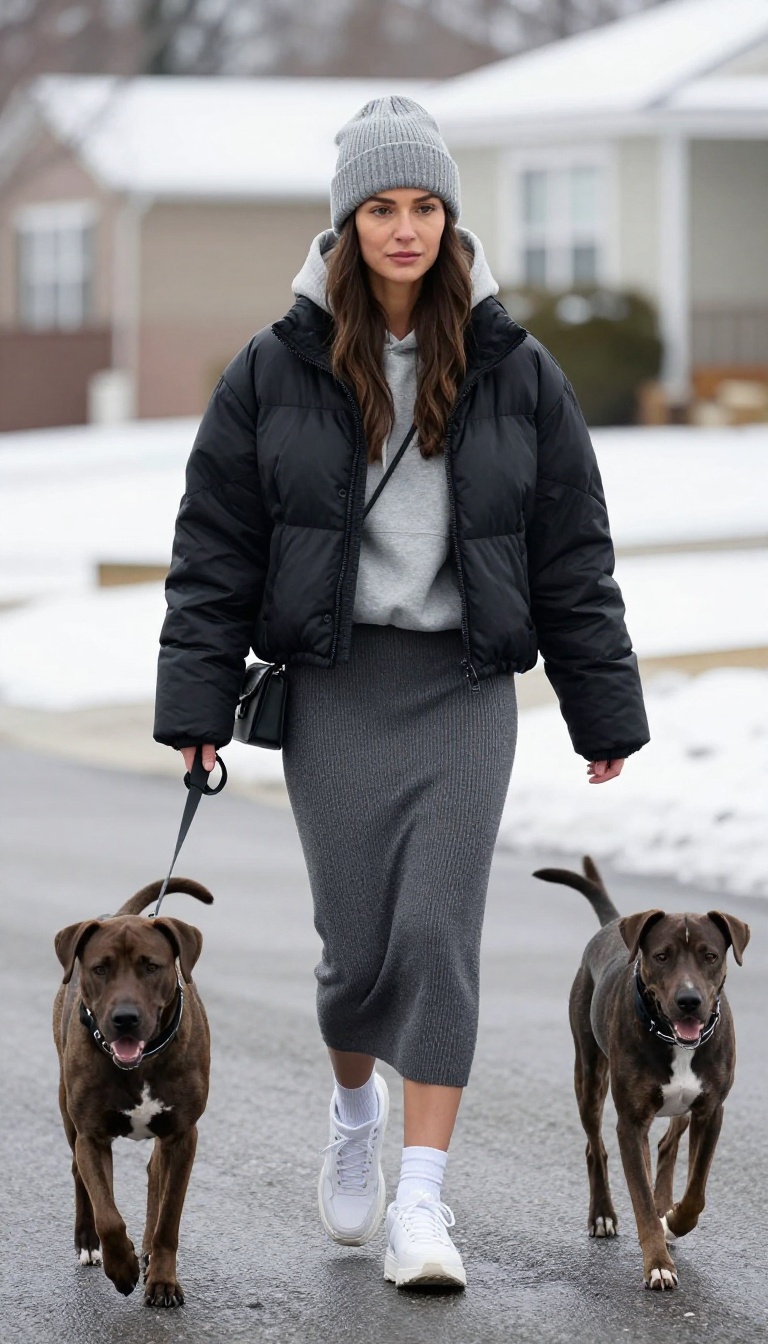 12. Grey Knit Skirt with Hoodie and Puffer Jacket