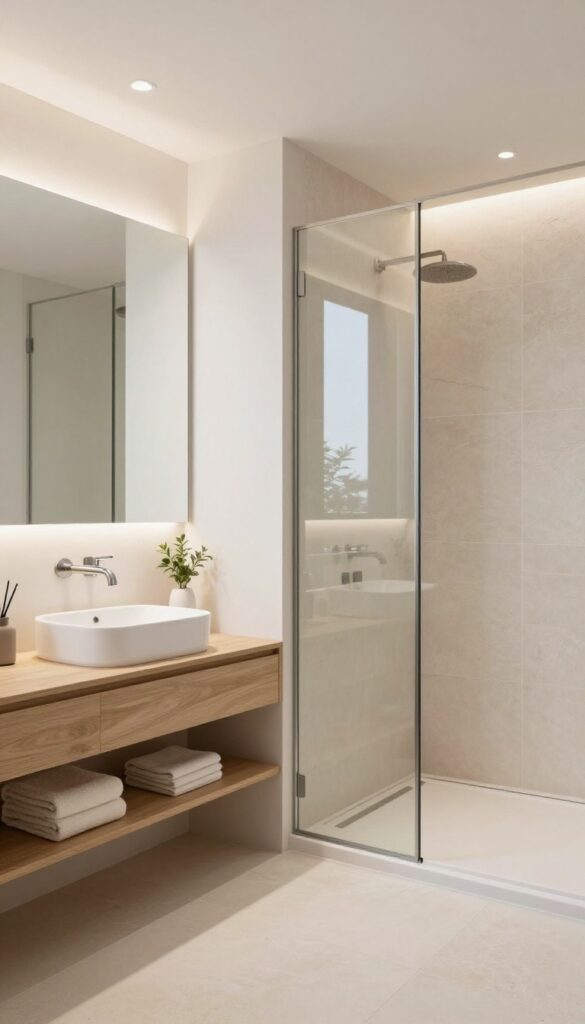 Modern bathroom with a floating wood vanity beside a glass walk-in shower, bright natural light and open floor space underneath the vanity.