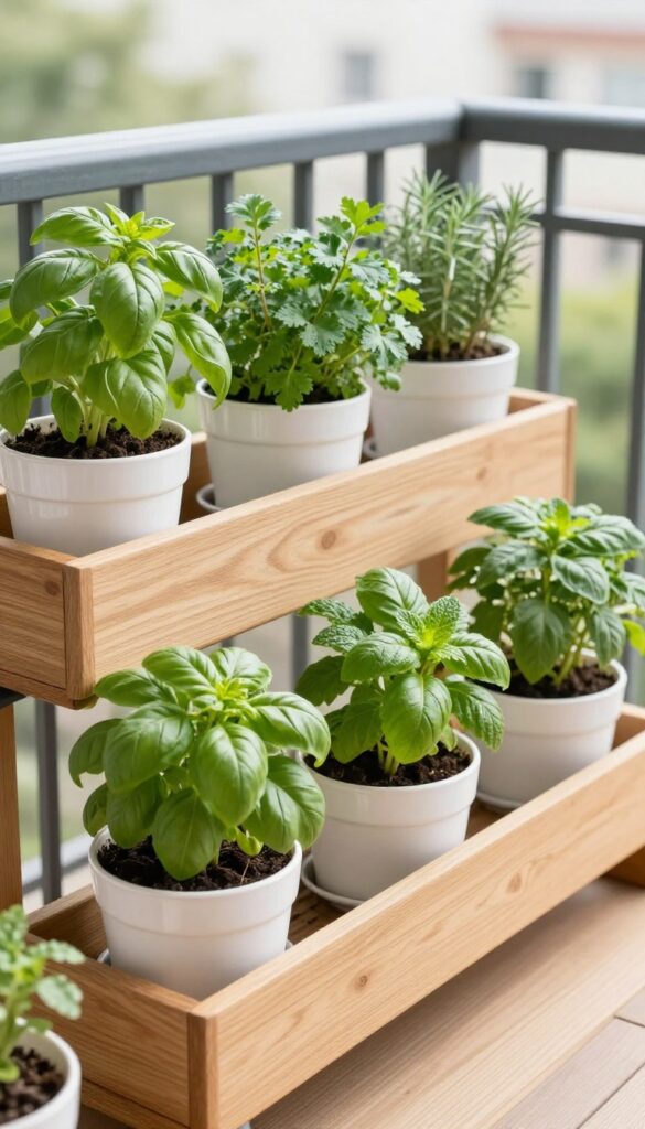 Fresh herbs like basil, mint, and rosemary growing in matching white pots on a sunny small balcony railing and wall planter