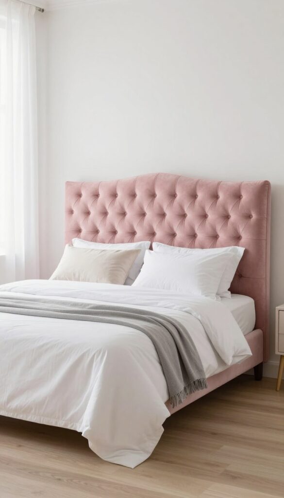Blush pink velvet tufted headboard as the focal point of a bright princess bedroom with white bedding and neutral pillows