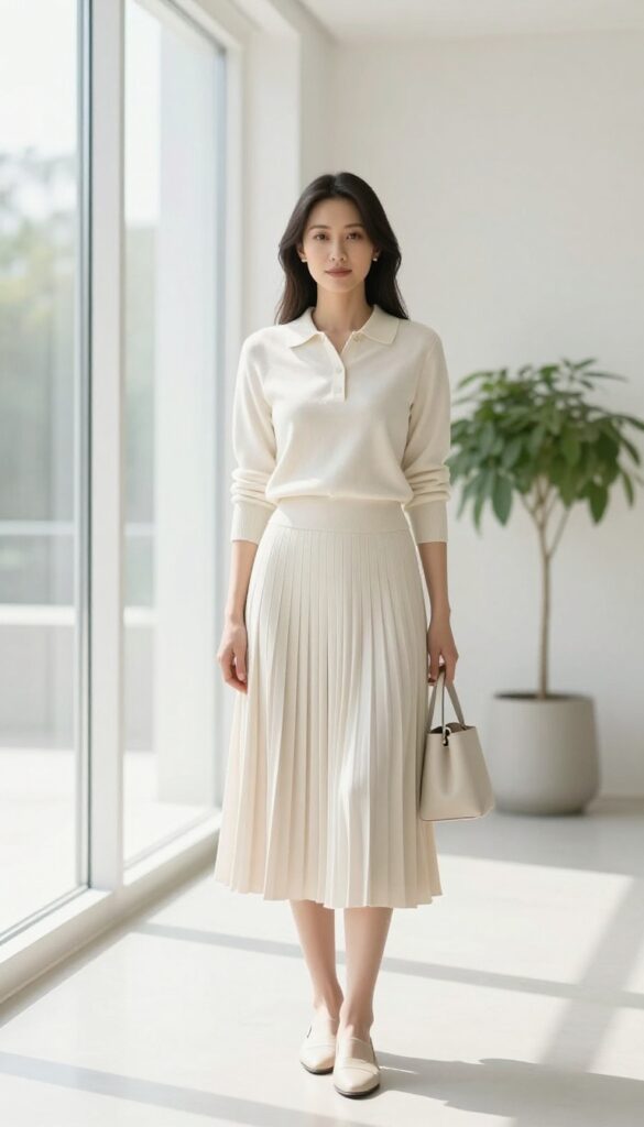 Woman wearing a knit polo and pleated midi skirt in an elegant, minimal setting.
