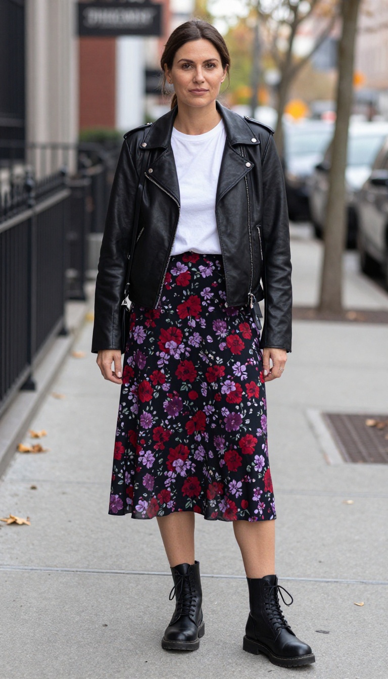 2. Dark Floral Skirt with a Leather Jacket