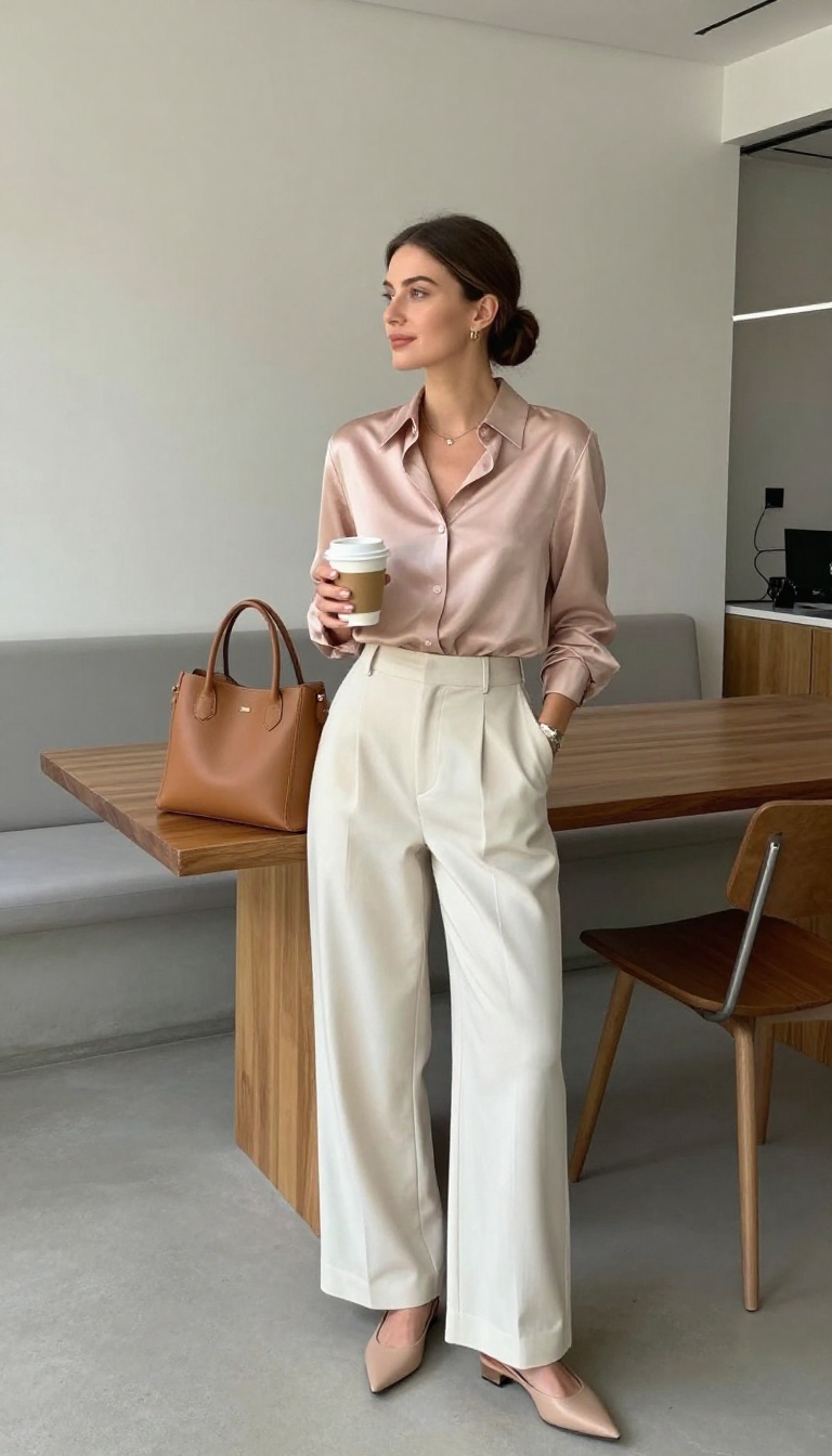 3. The Silk Blouse and Wide-Leg Trousers