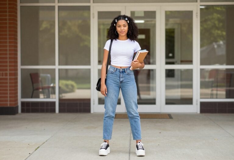 Young woman wearing a Y2K school outfit with low-rise jeans, baby tee, and butterfly clips, standing outside a school building.