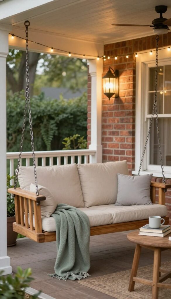 Cozy front porch swing styled with neutral cushions, a sage throw blanket, a small side table, and warm string lights overhead in bright natural daylight.