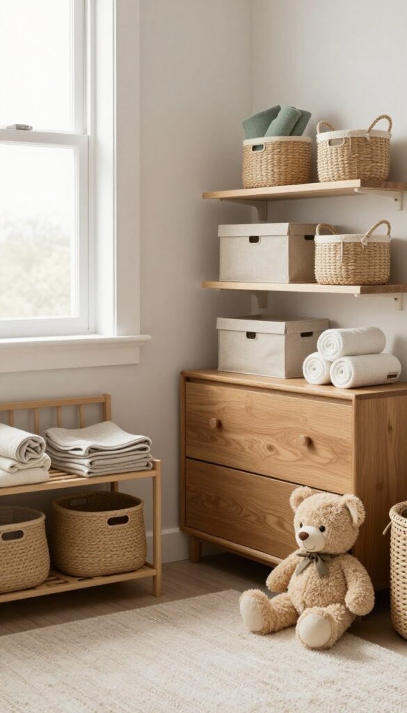 Cozy baby boy nursery corner with a warm wood dresser, woven seagrass baskets, floating shelves with neutral storage boxes, and soft natural light