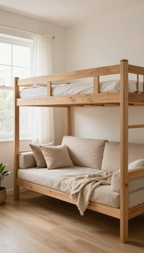 Bright small bedroom with a convertible double deck bed whose lower bunk is styled as a neutral upholstered sofa with cushions, blending seating and sleeping space