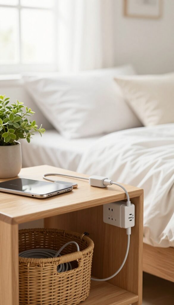 Clean guest bedroom nightstand with a neatly mounted power strip and tidy charging cables for visitors