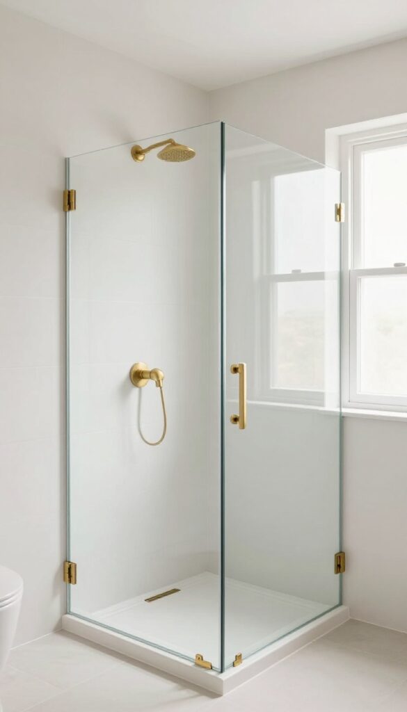 Modern bathroom shower with matte black tile accent wall, glass door, and warm natural light.