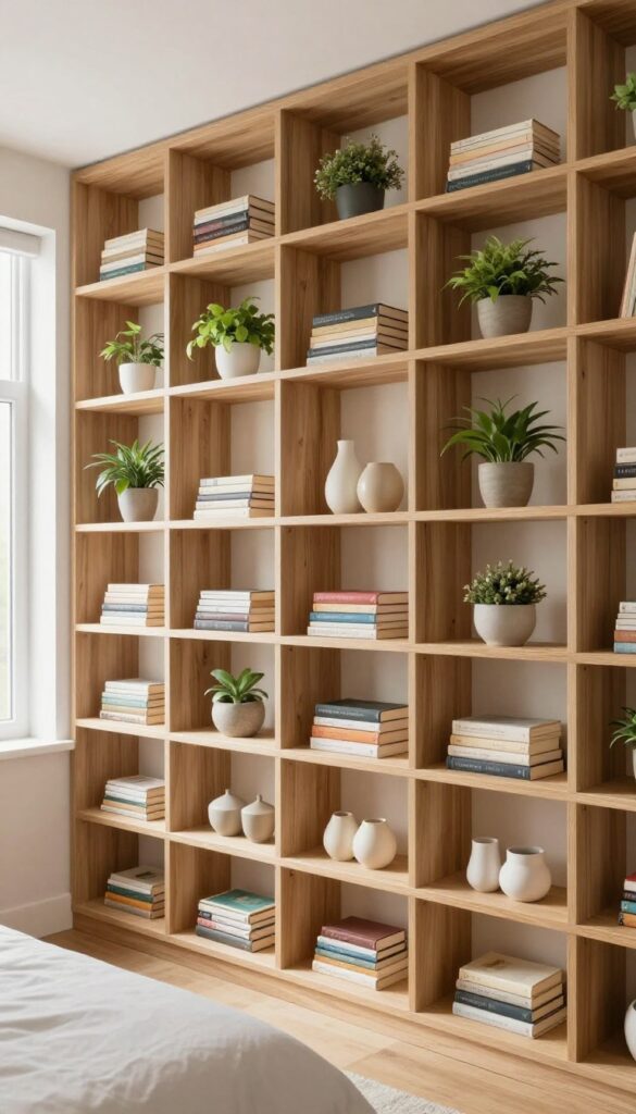 Bright bedroom with a full wall grid of identical floating wooden shelves holding neatly grouped books, small potted plants, and minimal decor in a balanced symmetrical layout.