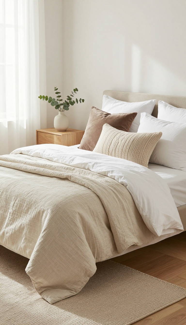 Layered budget bedding on a bed with white sheets, a textured beige duvet, and a folded quilt at the foot, styled in bright natural light