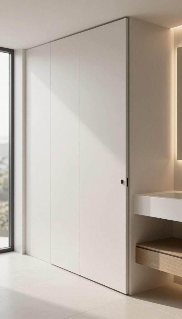 Modern bathroom with a hidden pocket door blended seamlessly into a full wall panel, creating a smooth uninterrupted wall surface
