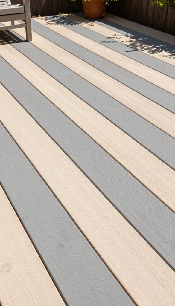Backyard wooden deck floor painted with a large geometric diagonal stripe pattern in warm gray and beige tones, surrounded by potted plants in bright natural light