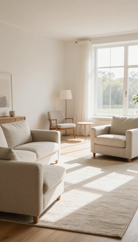 Bright square living room with a sofa seating zone on a large rug and a reading nook separated by a slim floor lamp, showing defined zones without walls