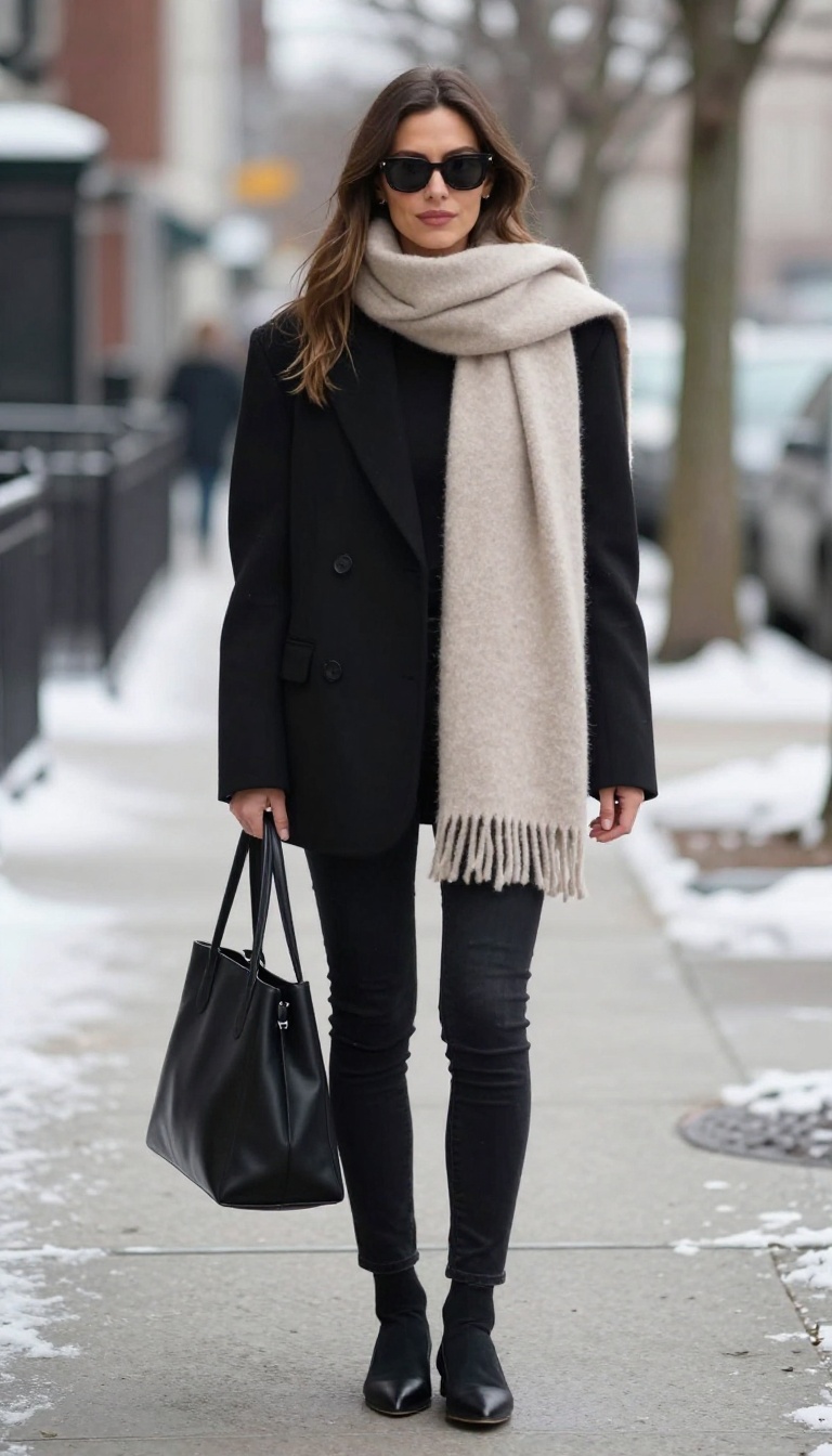 2. Black Skinny Jeans + Oversized Blazer + Cashmere Scarf