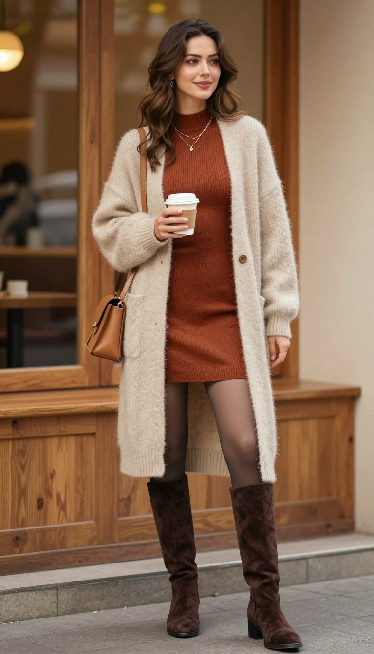 15. Slouchy Boots with a Mini Dress and Cardigan