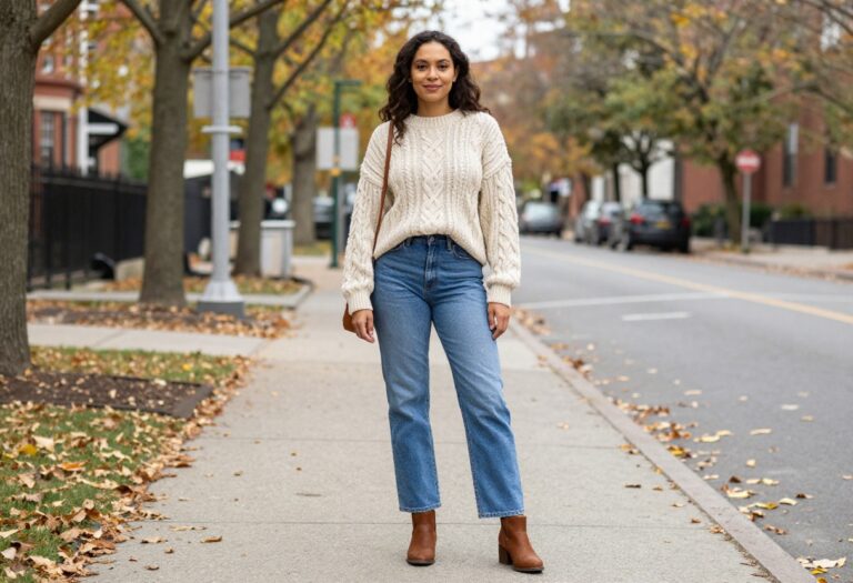 Woman wearing blue jeans and a chunky sweater with ankle boots for fall.