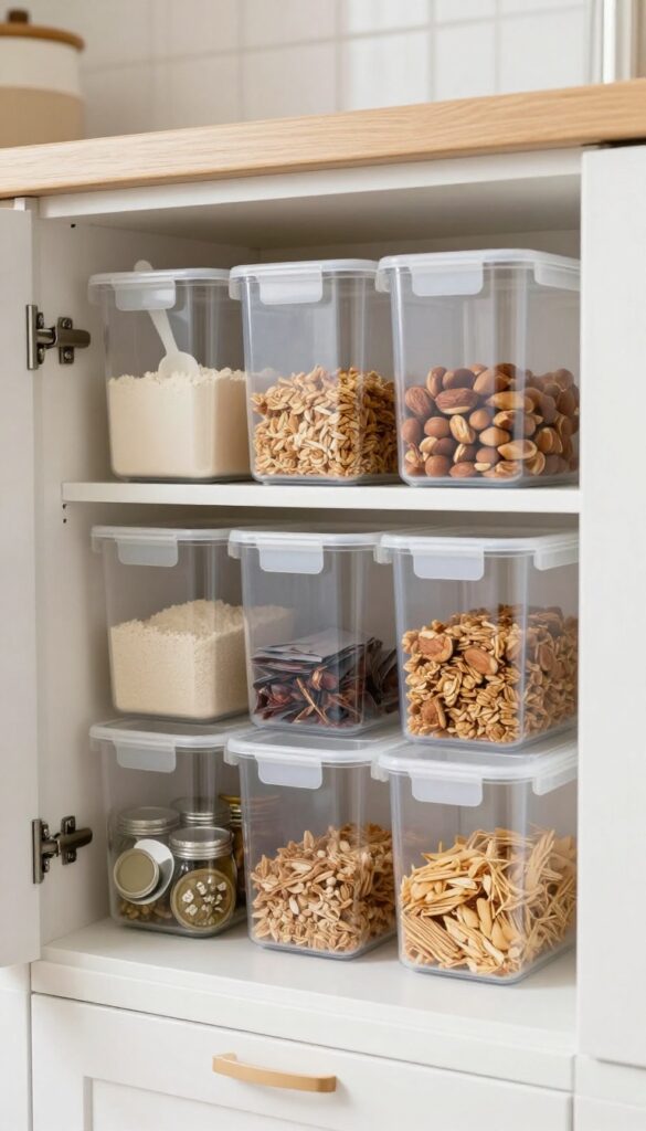 Open kitchen cabinet organized with clear straight-sided storage bins grouping baking supplies, snacks, tea packets, and canned goods on bright shelves