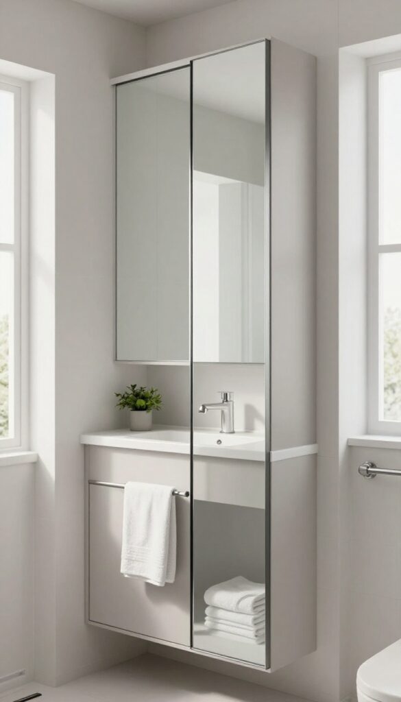 Bright small bathroom with a sleek sliding mirror cabinet above a compact vanity, showing a minimal frameless mirror panel and tight clearance near a towel bar and shower wall.