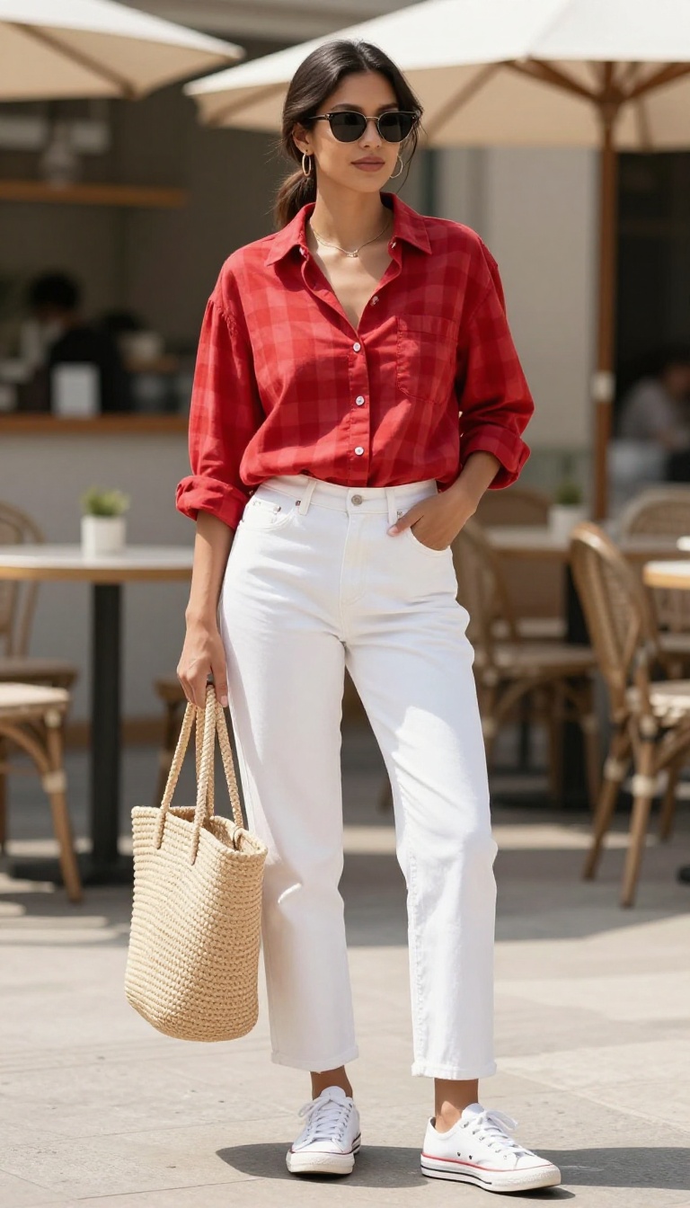9. Red Gingham Shirt with White Jeans