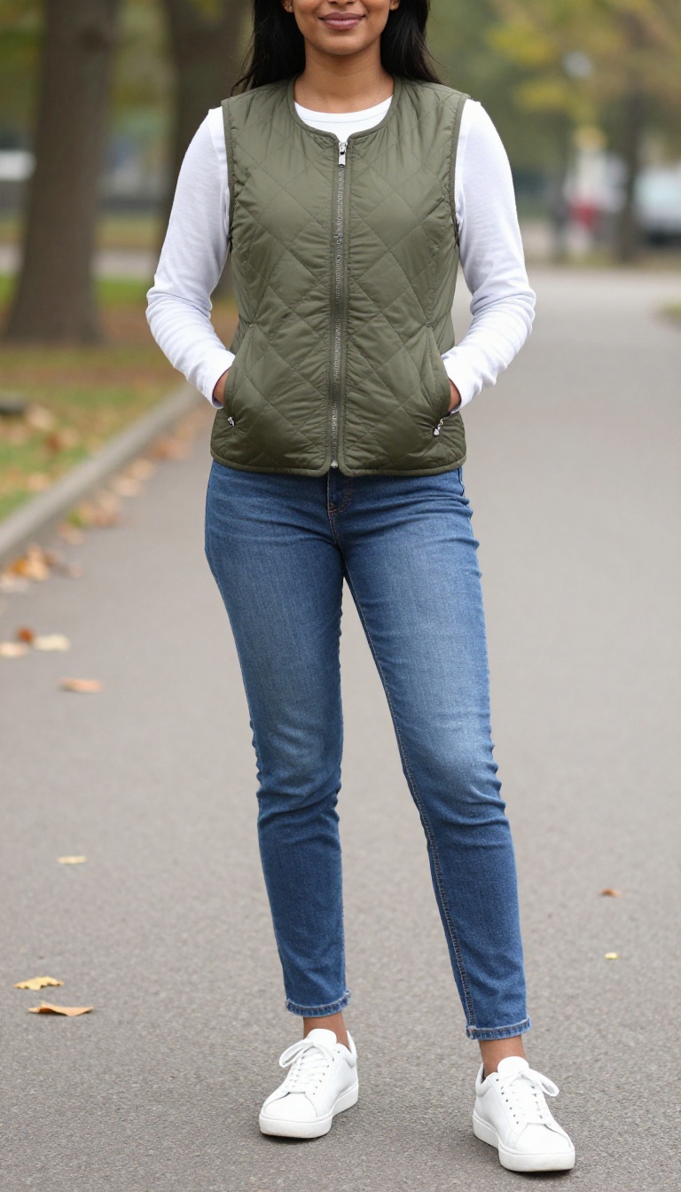 12. Straight-Cut Jeans with a Quilted Vest and Sneakers