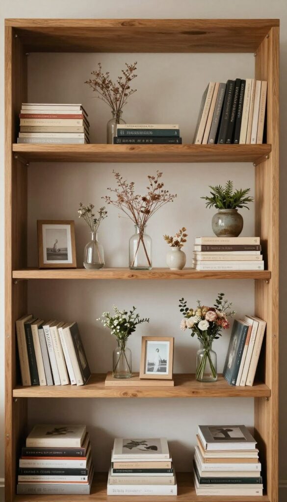 Bright wooden bookshelf styled with small vases of dried flowers and greenery arranged among books and a picture frame, with open space between clusters in natural light