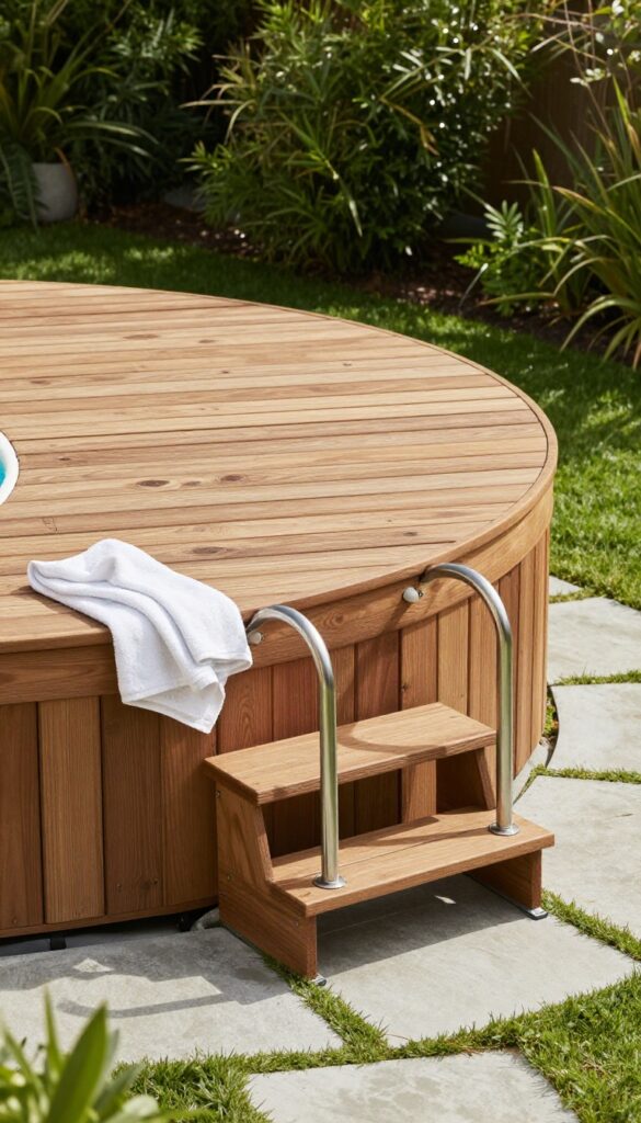 Small curved wooden half-moon entry deck with a ladder attached to a round above ground pool in a sunny backyard